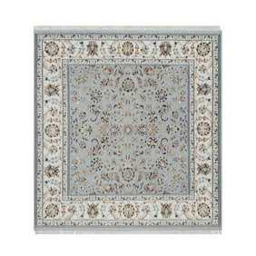 Light Blue Nain Flower Design Wool and Silk Hand Knotted Square Rug