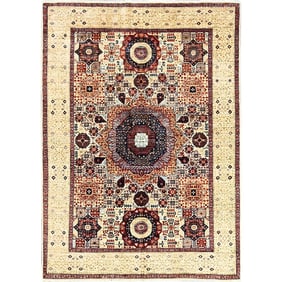 White, Hand Knotted, 100% Wool, Mamluk Design, Oriental Rug