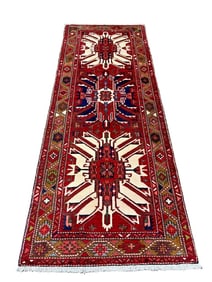 Hand-Knotted Karajeh Runner Red Wool Tribal Geometric Oriental Rug 3'7" x 9'8"