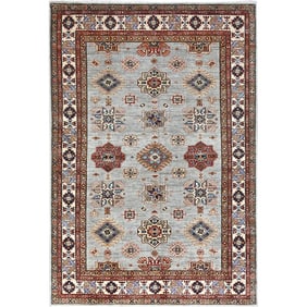 Gray Hand Knotted Wool Super Kazak Geometric Motifs Oriental Rug