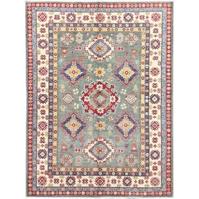 Smoke Green Kazak Design Wool Densely Woven Hand Knotted Oriental Rug
