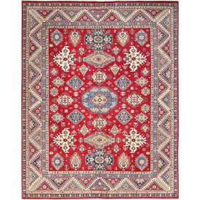 Valiant Poppy Red Hand Knotted Wool Kazak Tribal Motifs Oriental Rug