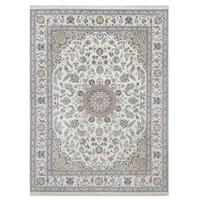 White Nain with Flower Design 250 KPSI Hand Knotted Wool and Silk Rug