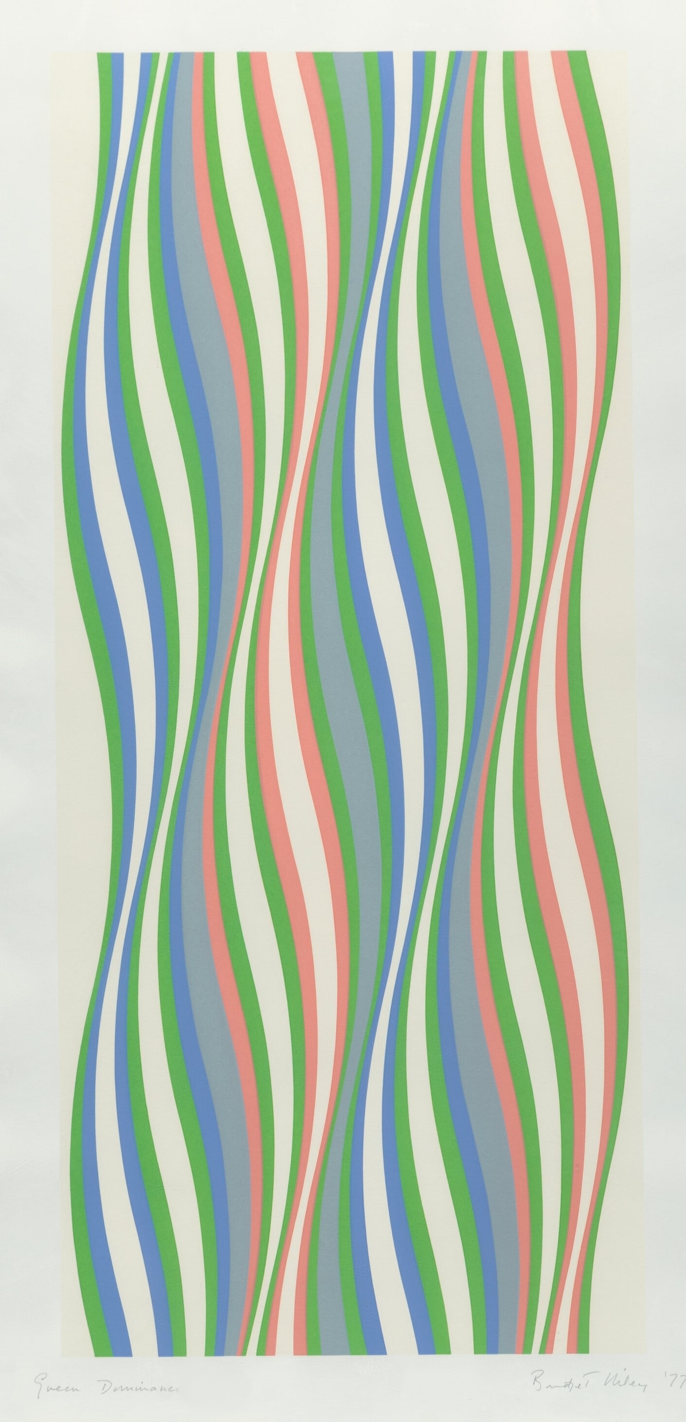 BRIDGET RILEY GREEN DOMINANCE PRINT: Bridget Riley Green Dominance Print measuring at 19x38.5 inches Reserve: $60.00 Shipping: Domestic: Flat-rate of $35.00 to anywhere within the contiguous U.S. International: Foreign shipping rates are