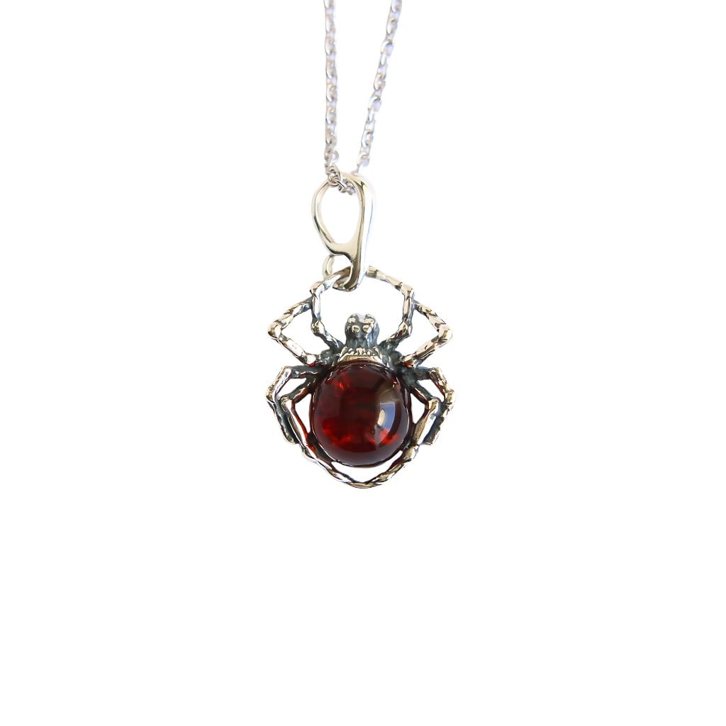 Baltic Cherry Amber Tiny Spider Pendant Necklace: Title:Baltic Cherry Amber Tiny Spider Pendant Necklace Description:Genuine Baltic cherry amber925 sterling silverDimensions:Pendant Size: 23.2mm x 15mmTotal Weight: 3gChain Length: 18 inches Size: Res