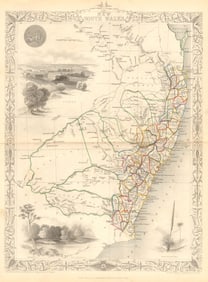 NEW SOUTH WALES. Sydney vignette. Explorers routes.TALLIS/RAPKIN 1849 old map