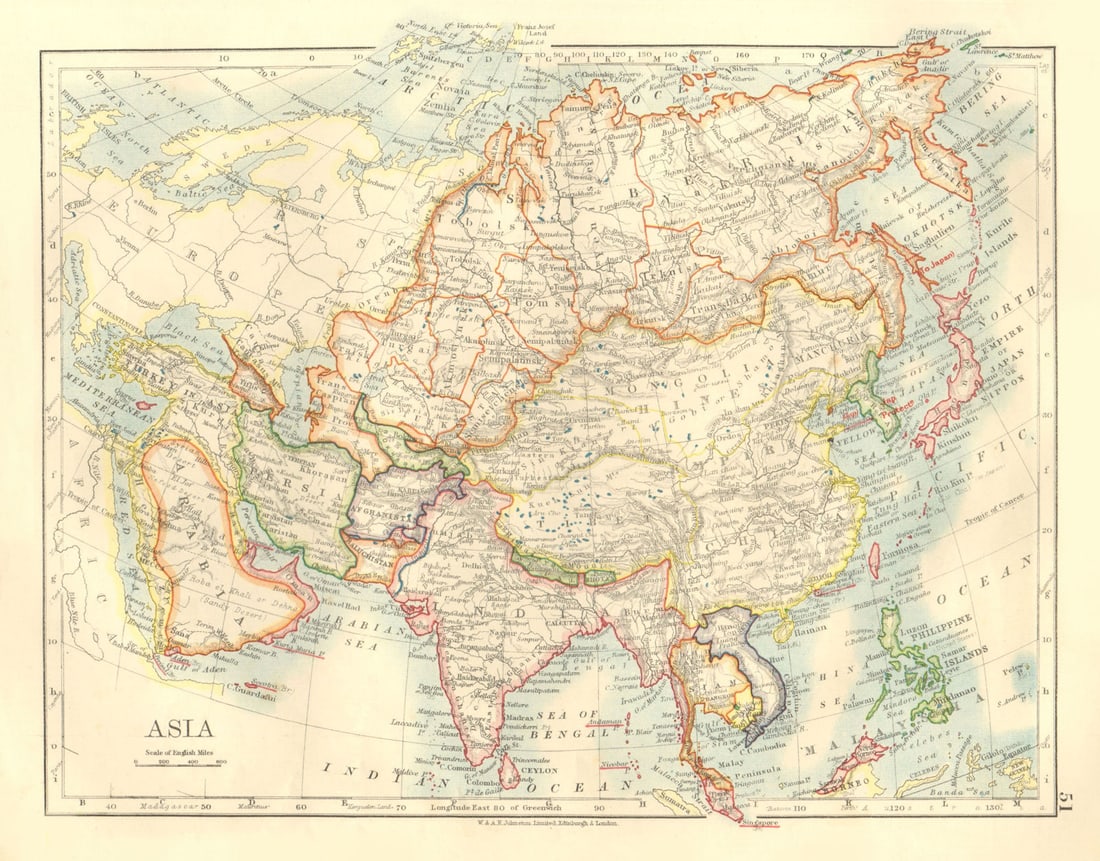 ASIA POLITICAL. Persia Siam Hejaz China Japan Corea Turkestan. JOHNSTON 1906 map (1 of 1)