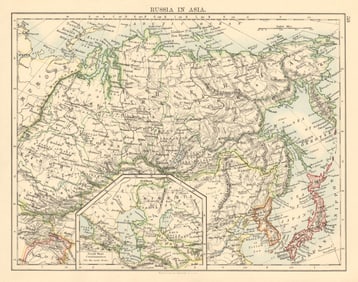 RUSSIA IN ASIA Siberia Caspian & Aral seas Korea Japan JOHNSTON 1892 old map