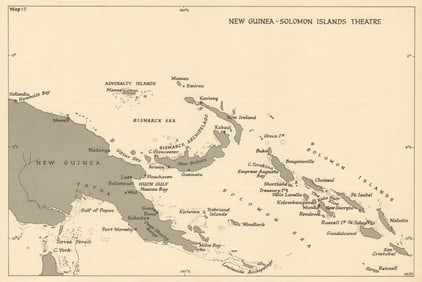 New Guinea & Solomon Islands Theatre. World War 2. Pacific 1954 old map