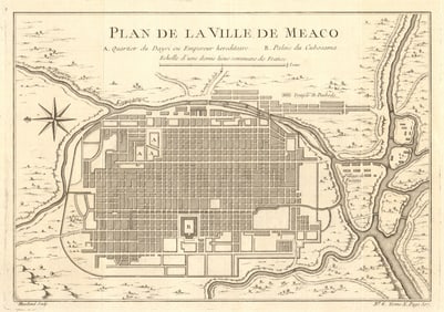 Plan de la Ville de Meaco'. Kyoto town city plan, Japan. BELLIN 1752 old map