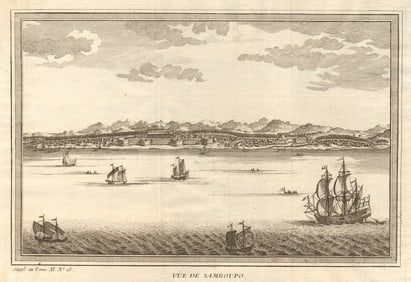 Vue de Samboupo'. View of Makassar, Sulawesi, Indonesia. Celebes 1761 print