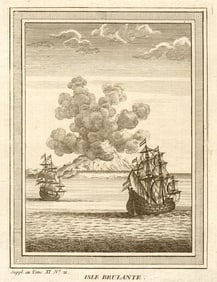 Isle Brûlante'. Manam Motu volcano, New Guinea. Tasman 1643 1761 old print