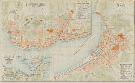 Shimonoseki & Moji antique town city plan. Moji-ku, Kitakyushu. Japan 1914 map