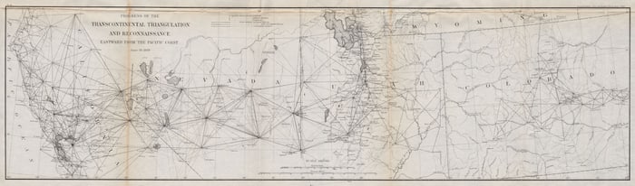 USA.Transcontinental triangulation from Pacific Coast.CA UT NV CO.USCGS 1889 map