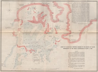 GREAT KANTO EARTHQUAKE 1923. Sagami Bay sea depth changes. Japan Tokyo 1926 map