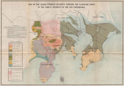 GREAT KANTO EARTHQUAKE 1923. Landslides zones. Japan Tokyo 1926 old map