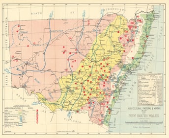 Agricultural, Pastoral & Mining Map of New South Wales. Gold metals 1938