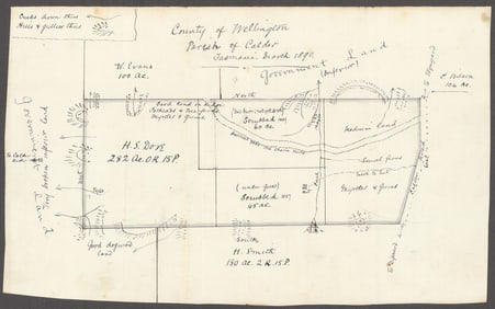 Manuscript land claims map. Calder, Wellington County, Tasmania 1890 old