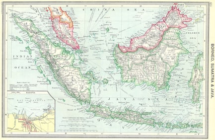 INDONESIA. Borneo, Sumatra and Java; Inset map of Jakarta 1907 old antique