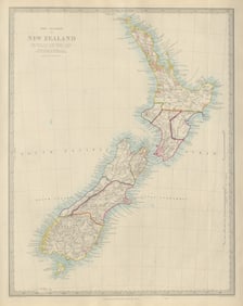 NEW ZEALAND provinces inc. Westland. Tavai Poenammoo Eaheinomauwe. SDUK 1874 map