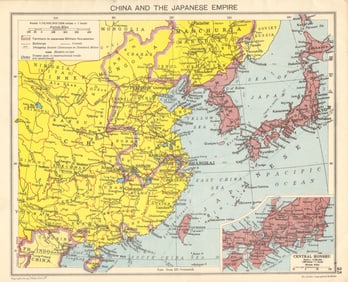 WORLD WAR 2 Japanese occupied China, Korea, Taiwan, Hong Kong 1942 old map