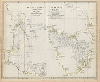 WESTERN AUSTRALIA & Van Diemen's Land (Tasmania). SDUK 1844 old antique map