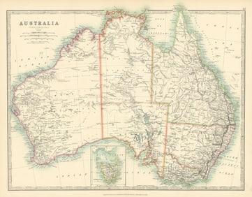 AUSTRALIA Showing explorers' routes with dates Railways JOHNSTON 1897 old map