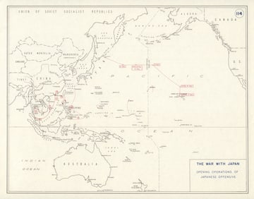 World War 2. Opening Japanese Offensive 1941. Pearl Harbor Malaya 1959 old map