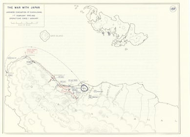 World War 2. Japanese Guadalcanal evacuation 1-7 Feb 1943. January Ops 1959 map