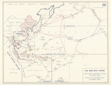 World War 2. Aug 1942 Japanese controlled area. Allied reorganisation 1959 map