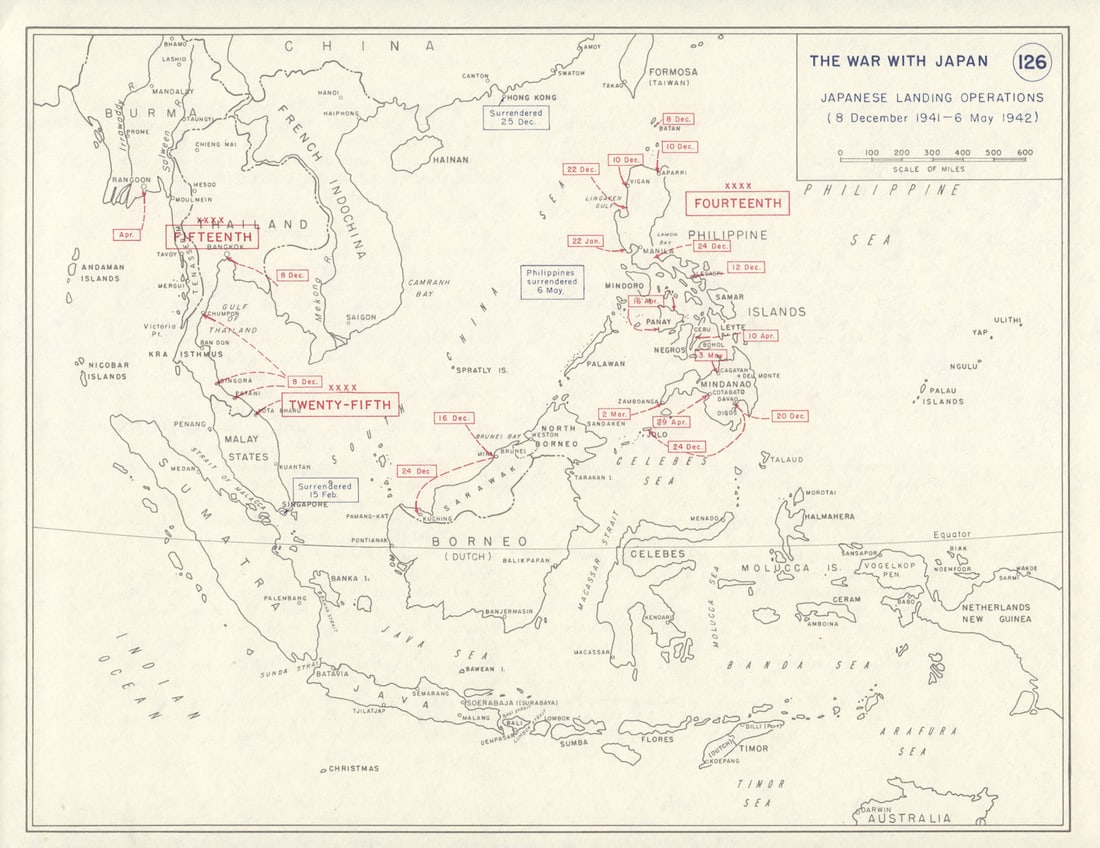 World War 2. Dec 1941-May 1942 Japanese Landings. Philippines Indochina 1959 map: The War with Japan - Japanese Landing Operations (8 December 1941-6 May 1942)' by Krasnoborski, Edward J.. Published 1959. Antique colour military map. Size 26 x 33 cm | 10.0 x 13.0 inches. Condition: