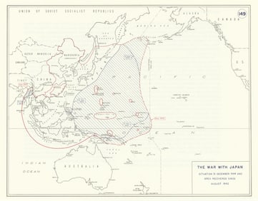 World War 2. Pacific Theatre. August 1942-December 1944 area recovered 1959 map