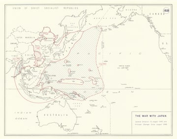 World War 2. Pacific/Japan. 15 August 1945 & changes since August 1942. 1959 map