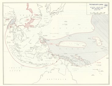 World War 2. East Asia Pacific Theatre Aug 1942-Jan 1945 area recovered 1959 map