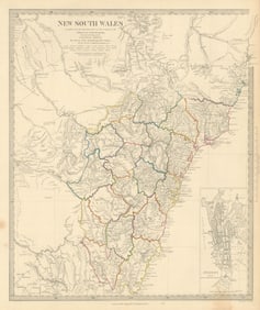 NEW SOUTH WALES based on Cunningham routes. SYDNEY city plan. SDUK 1851 map