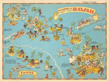 Hawaii & American Samoa. Pictorial state map by Ruth Taylor White 1935 old