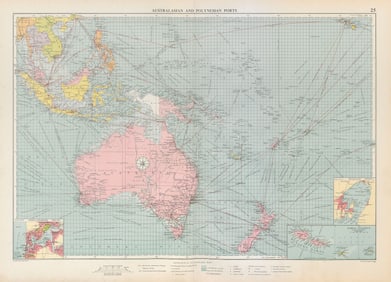 Australasian Polynesian Ports sea chart. lighthouses mail routes LARGE 1952 map