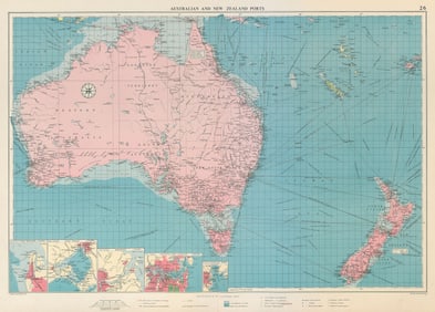 Australian & New Zealand ports chart lighthouses mail route LARGE 1959 old map