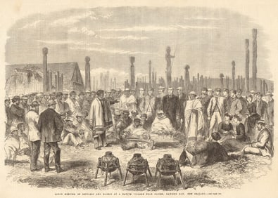 Settlers & Maoris meeting near Napier, Hawke's Bay, New Zealand 1863 old print