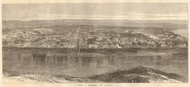 Town of Wanganui, New Zealand 1869 old antique vintage print picture
