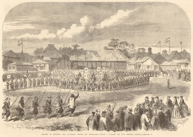 Review of British & Japanese troops at Yokohama. Militaria 1865 old print