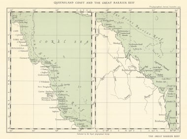 Queensland Coast and the Great Barrier Reef. RGS. Australia 1929 old map