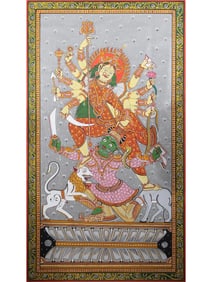 A Celestial Tapestry: Cosmic Krishna as Brahma, Vishnu, and Mahesh  This exquisite Pattachitra