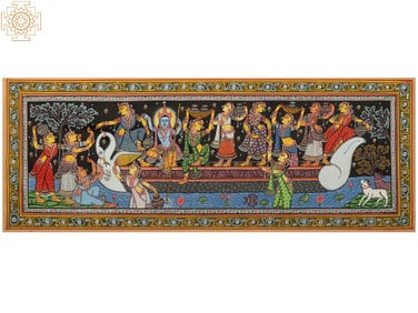 Lord Krishna with Gopis Nauka Vihar Patachitra Painting | Natural Color Painting on Tussar Silk