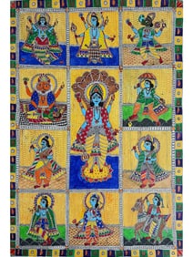 A Divine Arrival: The Birth of Lord Krishna  This exquisite Madhubani painting, titled "Birth of