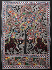 An Enchanting Depiction of Divine Love: Krishna and Radha in Madhubani Style  This breathtaking