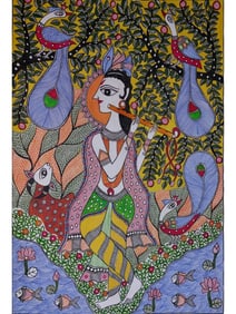Krishna’s Melody In The Forest Madhubani Painting | Acrylic On Canvas | By Lalita Ray