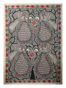 A Timeless Dialogue: Krishna and Arjuna  This vibrant Madhubani painting captures the essence of the