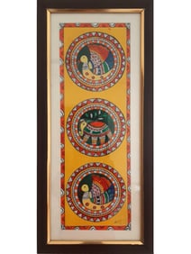 A Vibrant Depiction of Harmony: The Fish and the Lotus  This exquisite Madhubani painting, crafted