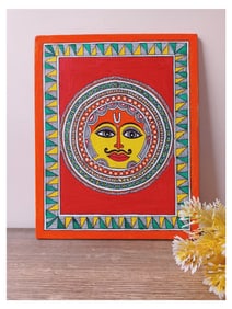 A Radiant Depiction of Surya Dev  This captivating Madhubani painting showcases Surya Dev, the Hindu
